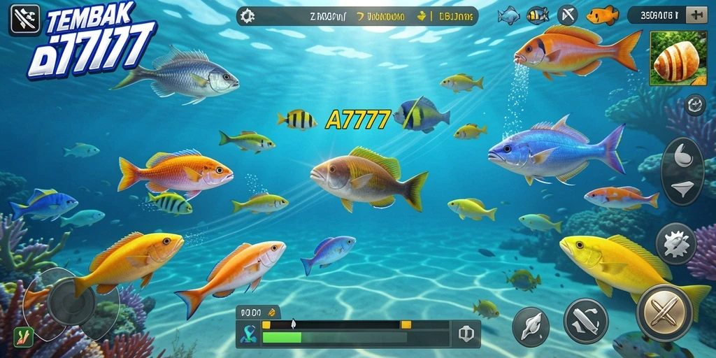 Tampilan gameplay seru A7777 dengan berbagai ikan untuk ditangkap.