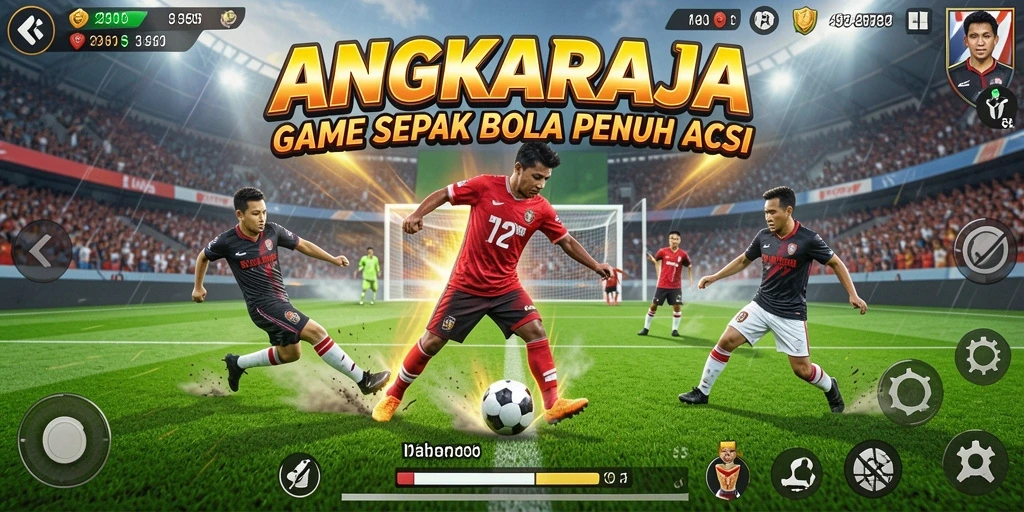 Screenshot gameplay ANGKARAJA yang menampilkan aksi sepak bola seru.