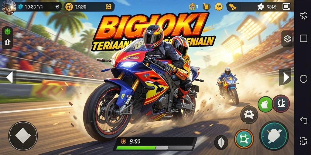 Tampilan gameplay BIGHOKI yang mendebarkan dan penuh aksi balapan motor.