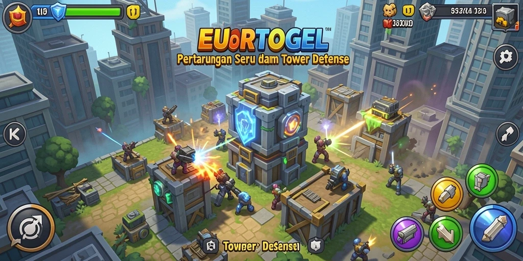 Tampilan seru permainan Tower Defense EUROTOGEL dengan grafis menawan.