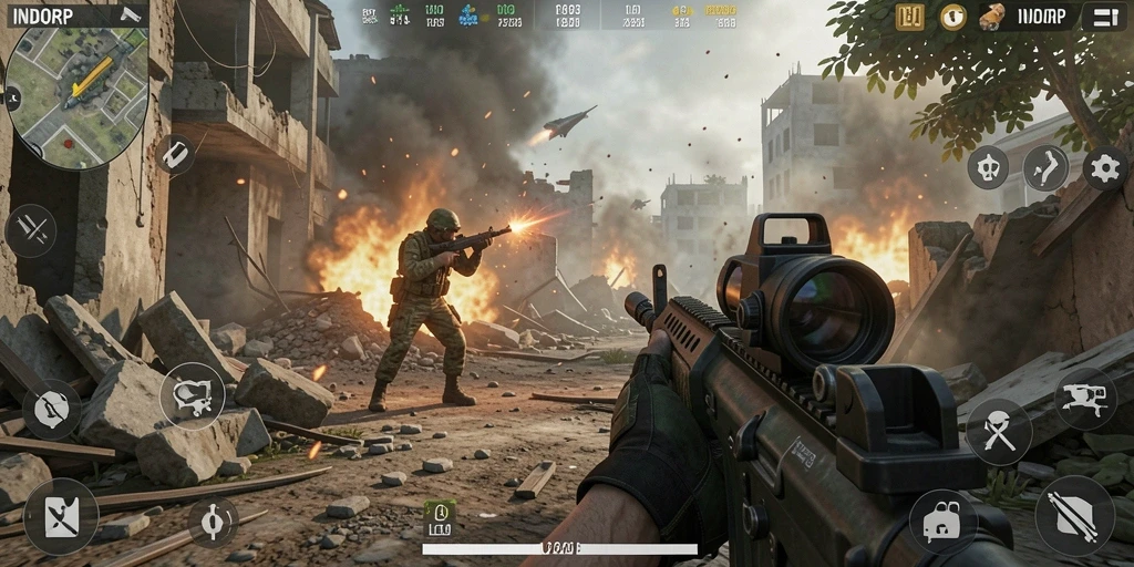 Tampilan gameplay menegangkan dari INDORP saat aksi pertempuran berlangsung.