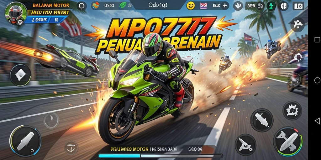 Screenshot gameplay MPO777 menampilkan aksi balapan motor yang seru.