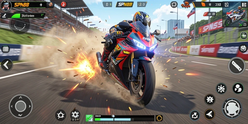 Tampilan gameplay balap motor yang seru dan menegangkan.